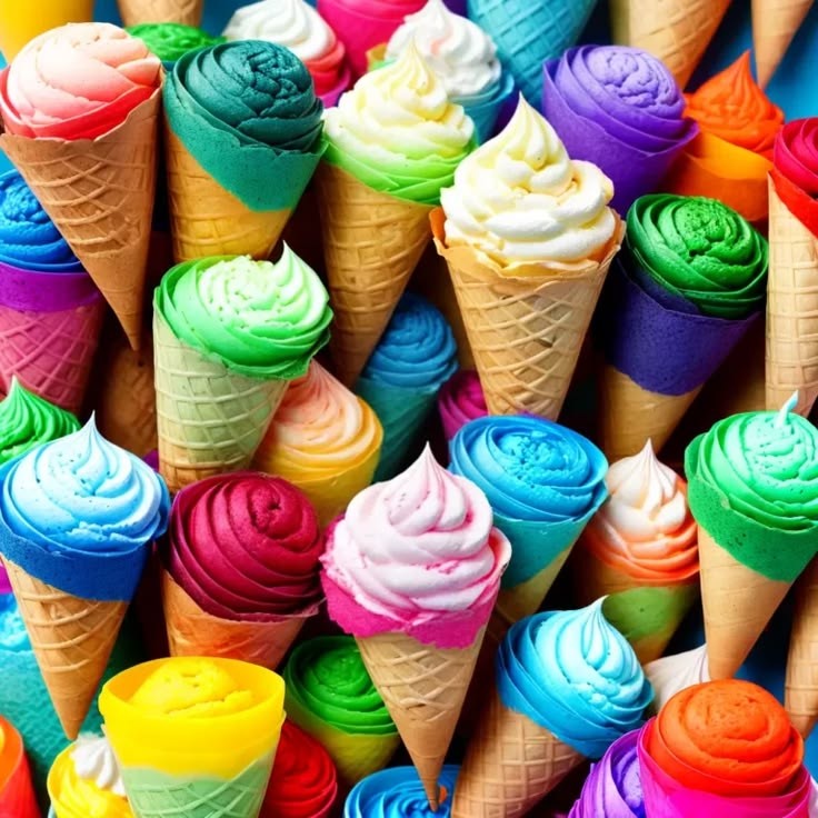 Close-up of colorful soft-serve ice cream cones in rainbow colors