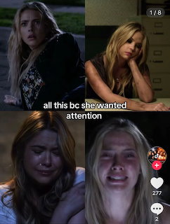 Four-panel collage of a blonde woman crying in different dramatic scenes with text overlay