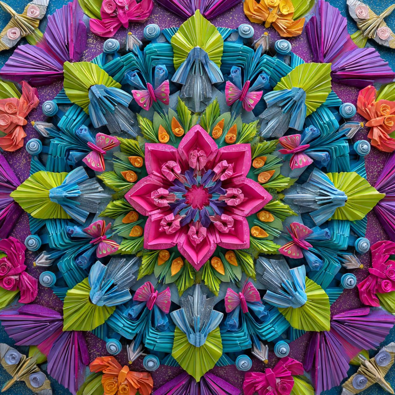 Colorful symmetrical mandala made of folded paper shapes arranged in a circular pattern