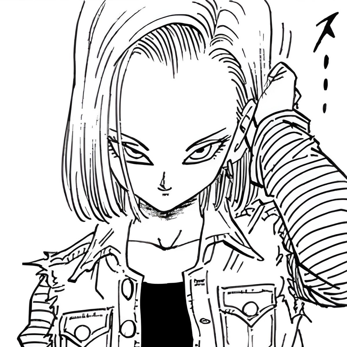 Black-and-white anime sketch of Android 18 with a bob haircut and layered outfit