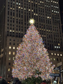 Large decorated Christmas tree with multicolored lights in front of tall building at night