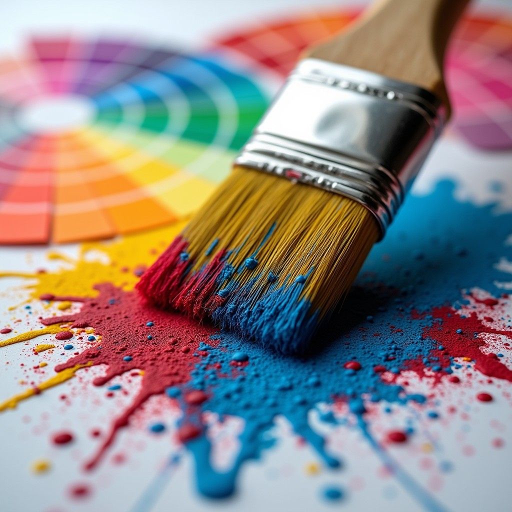 Paintbrush with red, yellow, and blue bristles on colorful paint splatters with rainbow palette behind