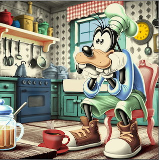 Cartoon Goofy character in a retro kitchen with checkered floor and vintage appliances