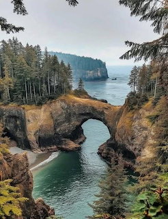 Natural rock arch bridge over ocean water on Oregon coast surrounded by evergreen trees and cliffs