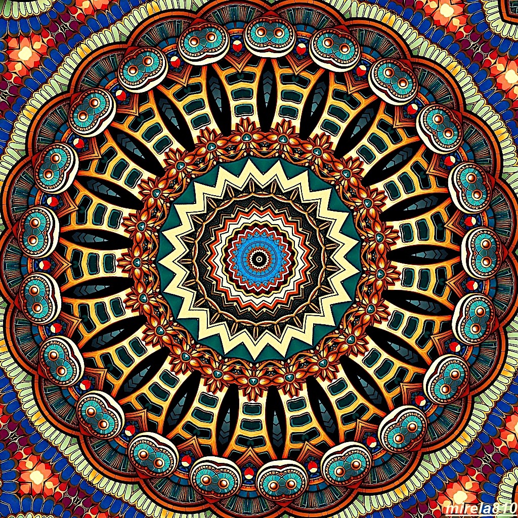 Colorful symmetrical mandala with intricate geometric patterns radiating from center in blue, orange, and cream tones