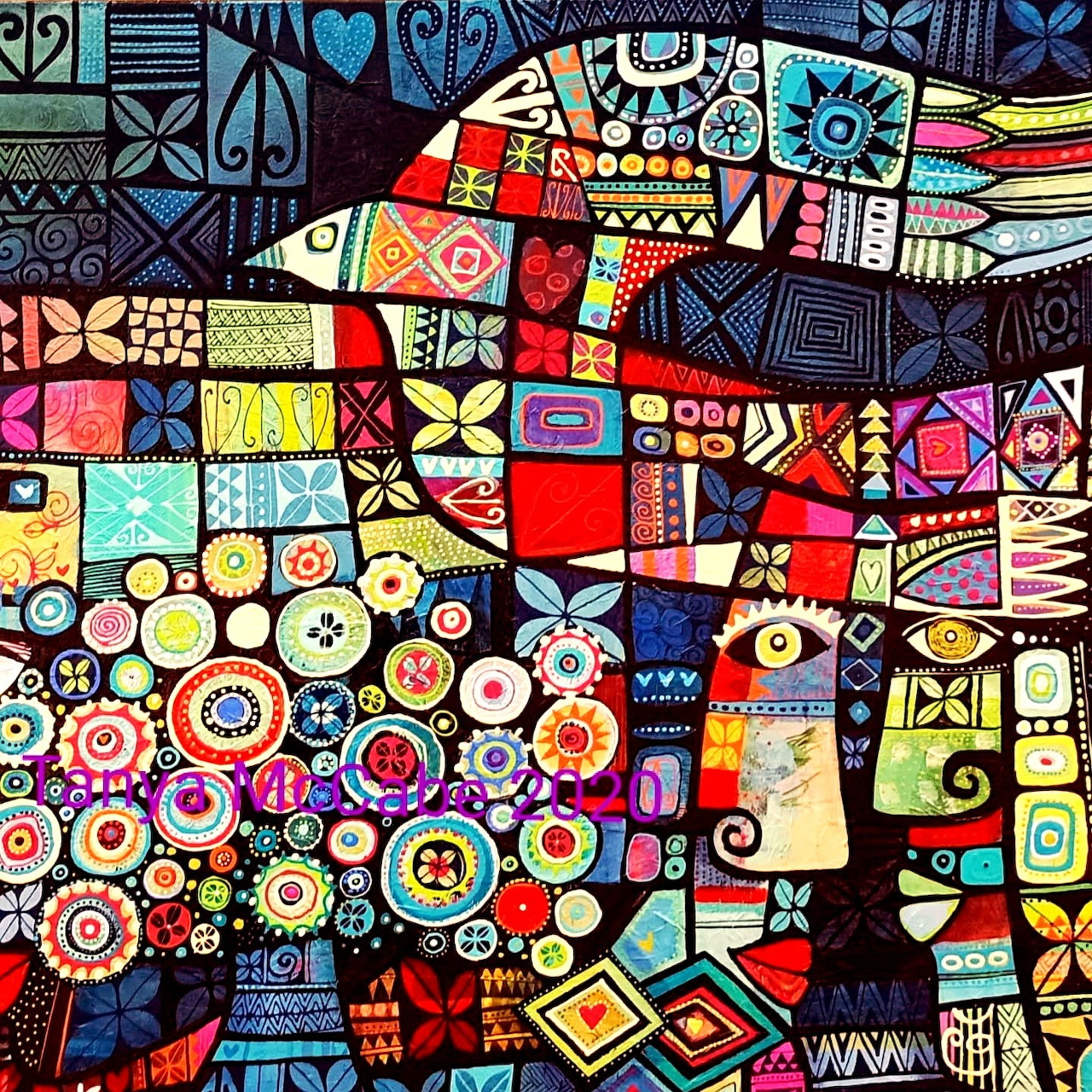 Colorful abstract mosaic with geometric patterns, circles, and varied shapes in a complex grid arrangement