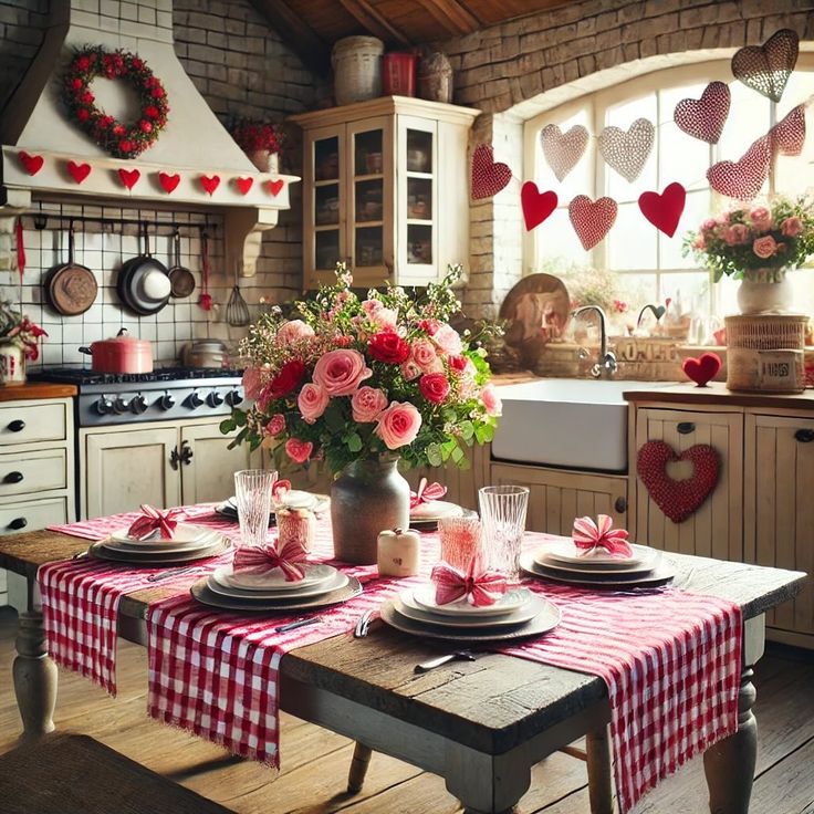 Kitchen decorated with Valentine's Day hearts, flowers, and red checkered table runner
