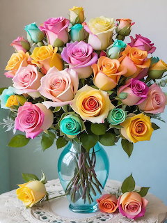 Bouquet of pink, yellow, orange, and turquoise roses in glass vase on lace doily