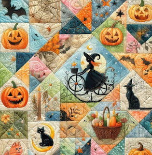 Halloween themed patchwork quilt with pumpkins, black cats, witch, and fall elements in orange and teal fabric squares