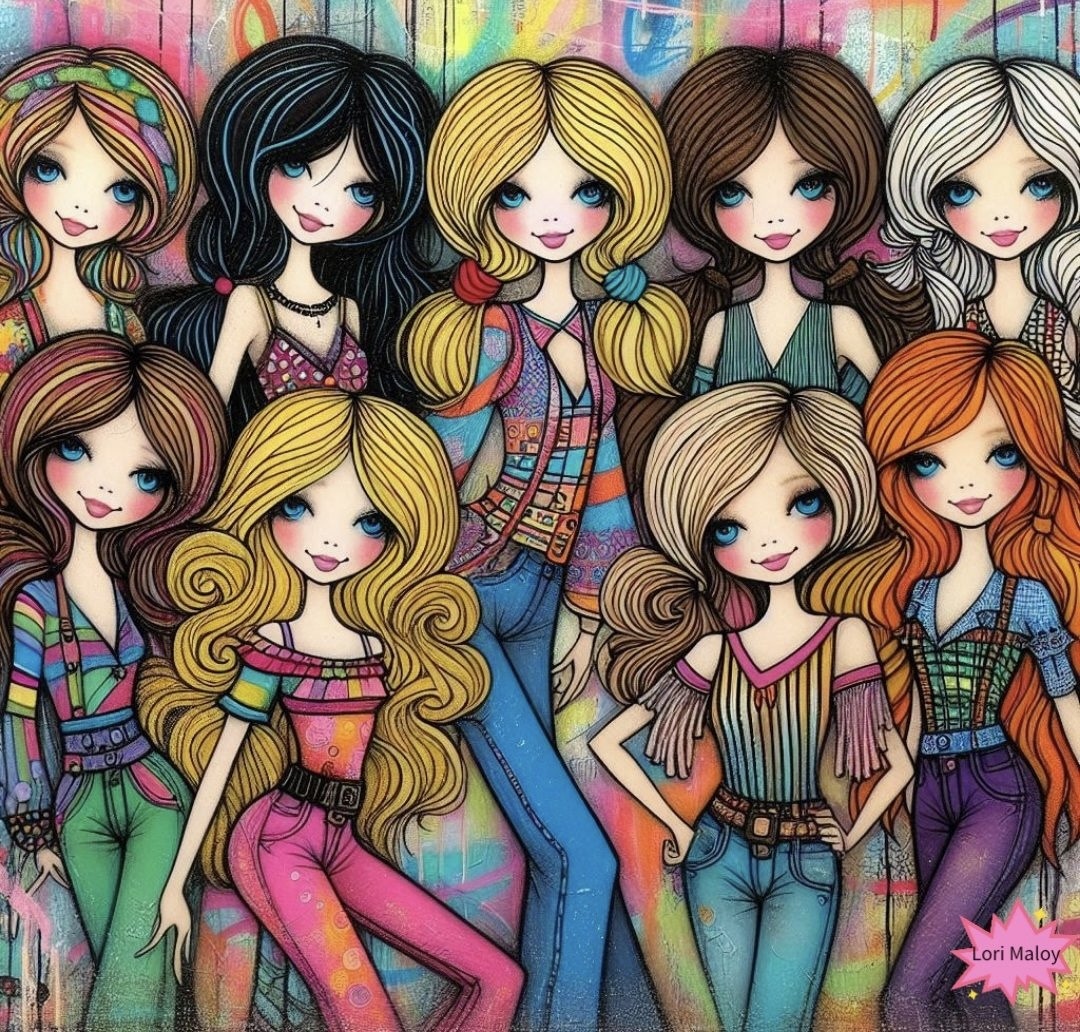 Illustration of ten cartoon-style girls with large eyes in colorful casual outfits on rainbow striped background