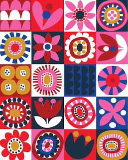 Colorful grid of retro folk art floral and geometric tile pattern illustrations