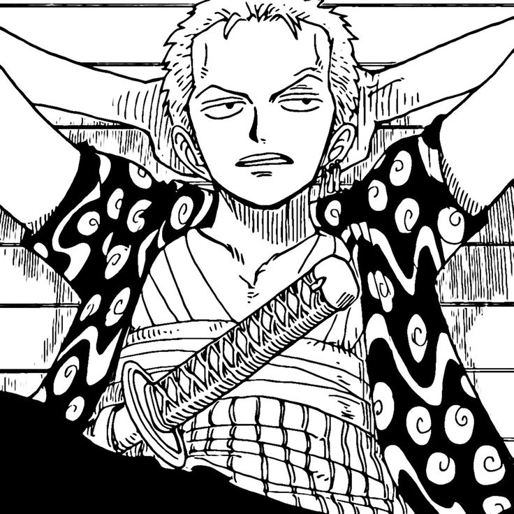 Line drawing of Zoro anime character with spiky hair and patterned coat on ship deck