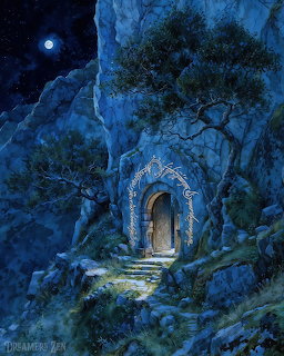 Illuminated ornate doorway in a moonlit rocky forest hillside with dark blue atmospheric lighting
