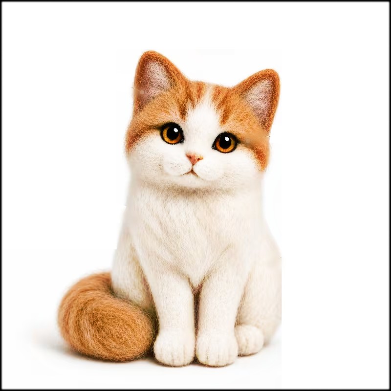 Orange and white kitten figurine with fluffy texture sitting on a white background