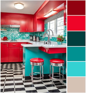 Retro kitchen with red cabinets, teal island, chrome bar stools, and black and white checkered floor