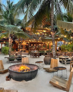 Tropical outdoor beach bar with palm trees, string lights, fire pit, and wooden seating at dusk