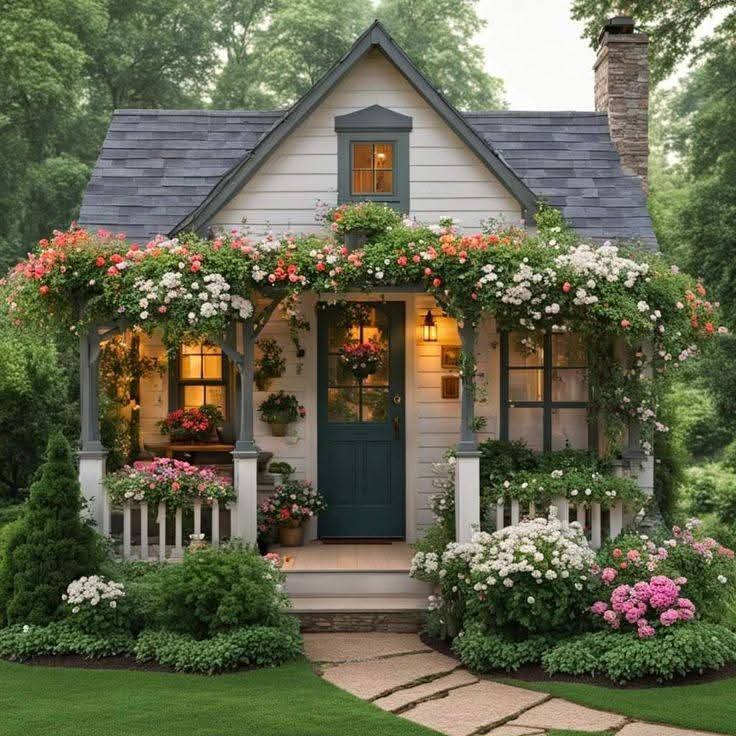 Small white cottage with blue door surrounded by colorful flowering garden and green lawn