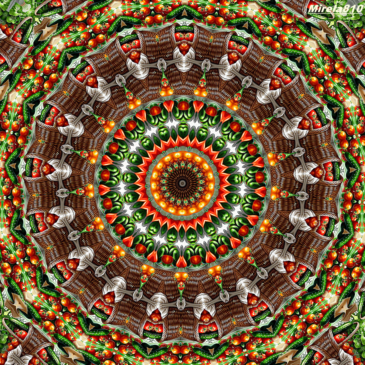 Symmetrical Christmas-themed mandala with gingerbread houses, candy canes, and ornaments in festive colors