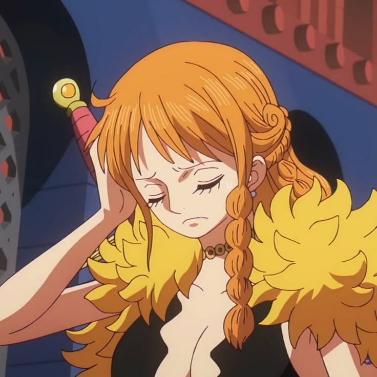 Anime girl with orange braided hair and yellow feathered clothing looking downward