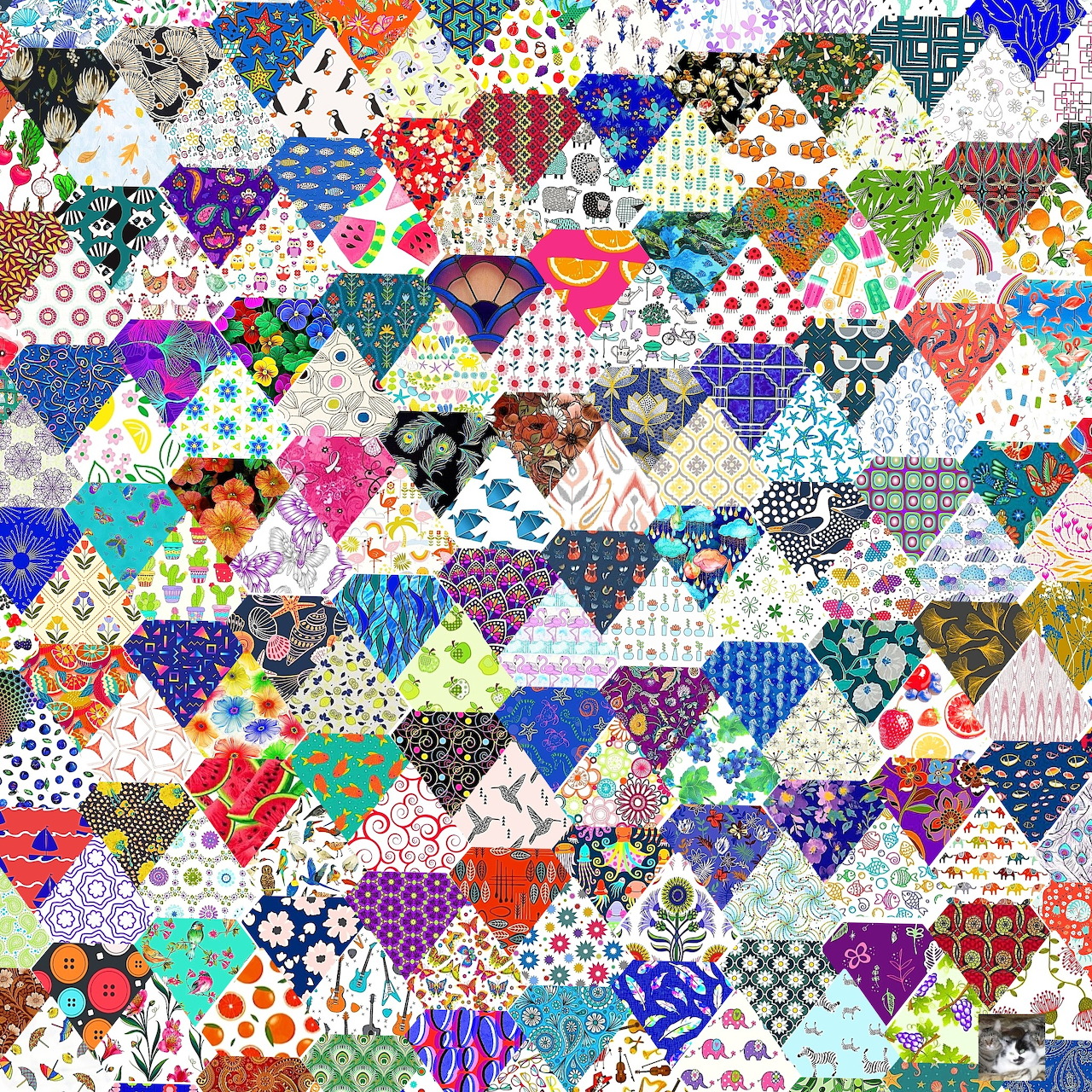 Colorful patchwork quilt made of triangular fabric pieces in many patterns and colors