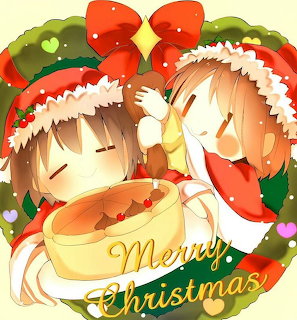 Two cute anime characters in Santa hats resting together inside a Christmas wreath with a red bow