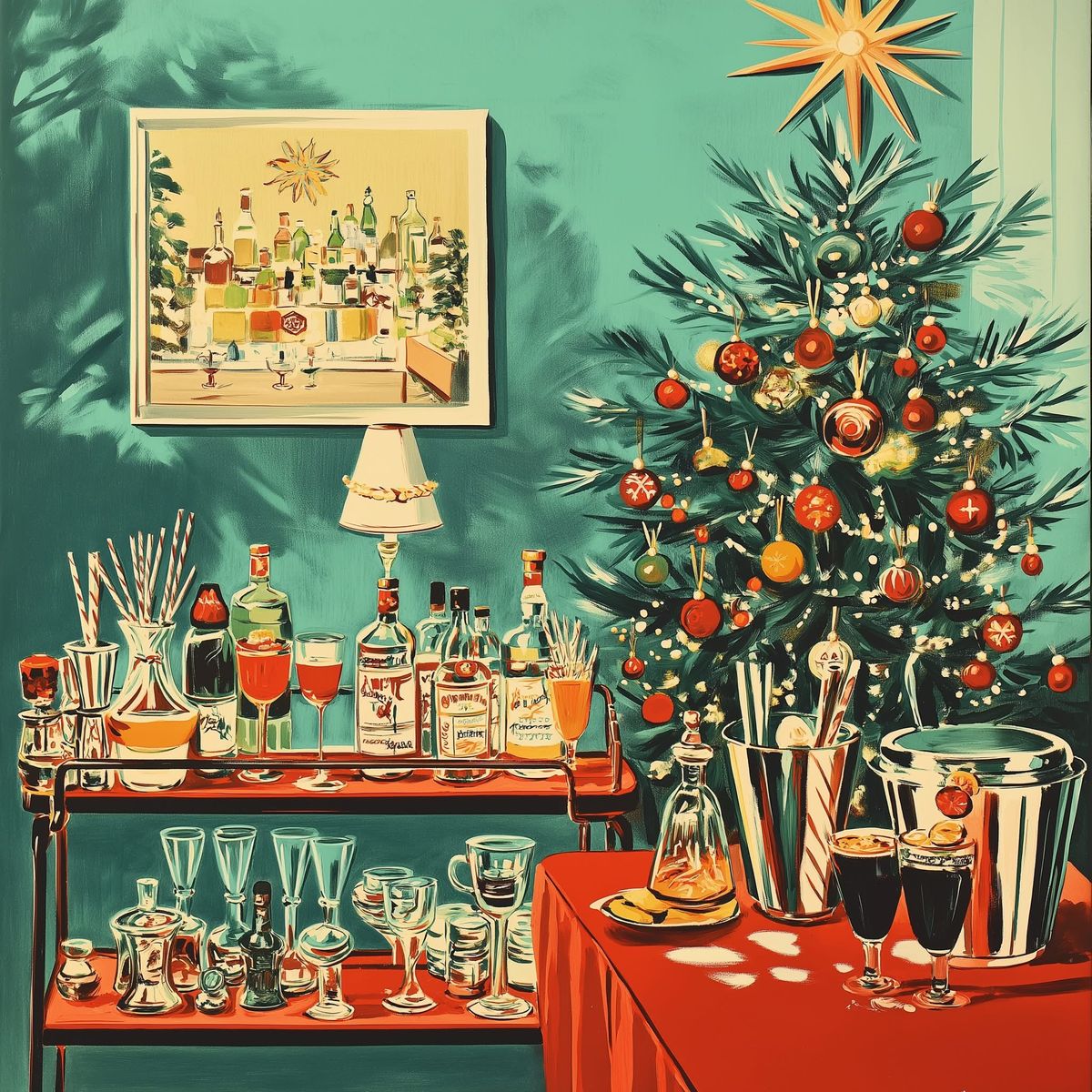 Illustration of a decorated Christmas tree beside a home bar with bottles, glasses, and holiday drinks