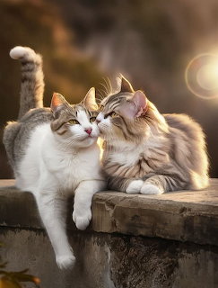 Two cats sitting on a stone ledge, one nuzzling the other affectionately in golden light