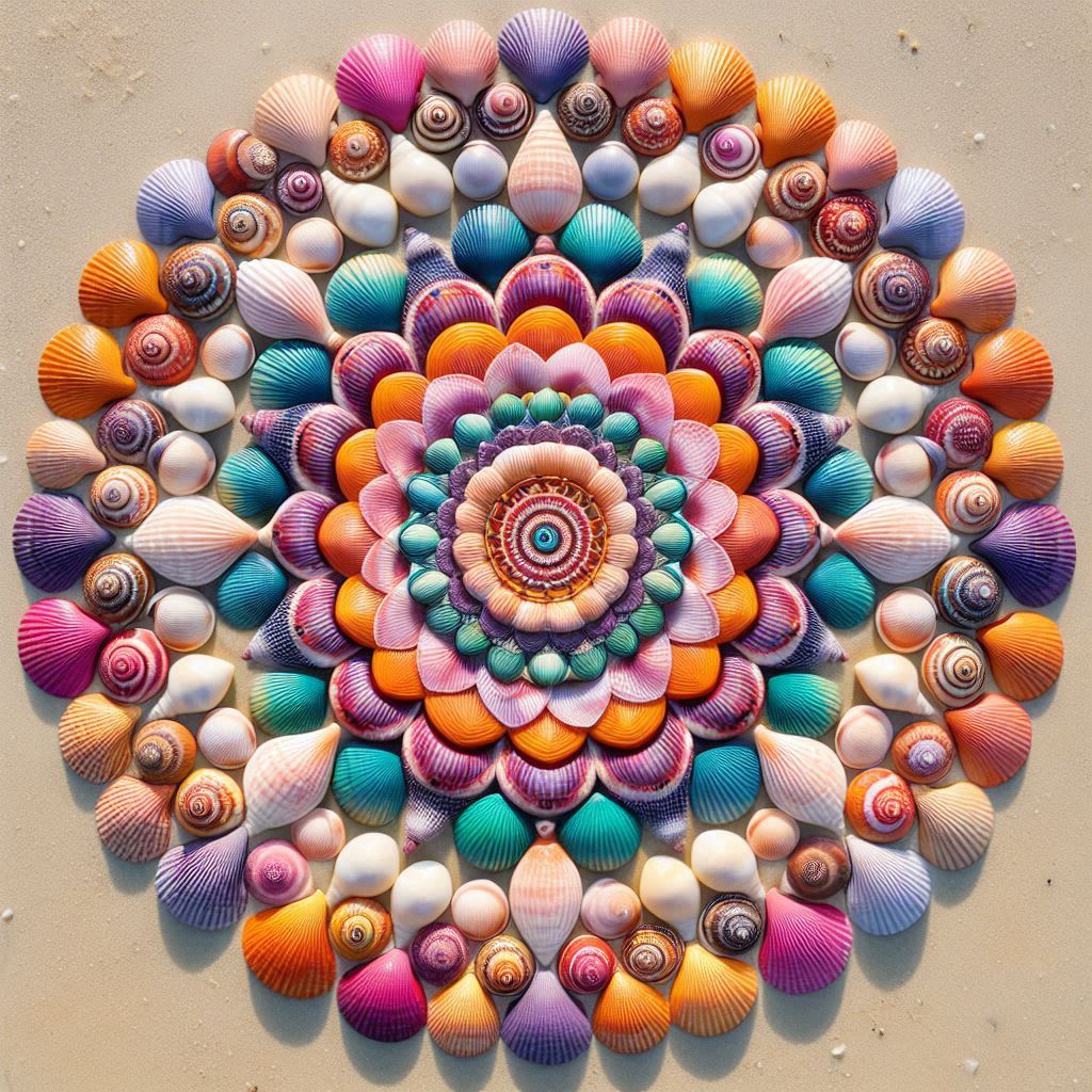 Circular mandala pattern made of colorful seashells arranged symmetrically on sand