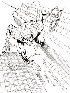 Black and white ink drawing of Spider-Man swinging on a web between skyscrapers in a city