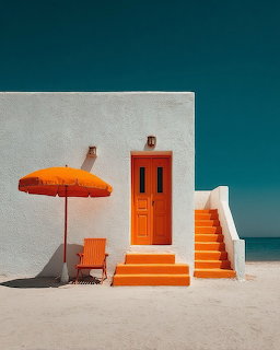 Orange beach house with white walls, orange umbrella and chair, teal sky background