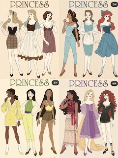 Illustration of Disney princesses in stylish modern and vintage-inspired outfits in four panels