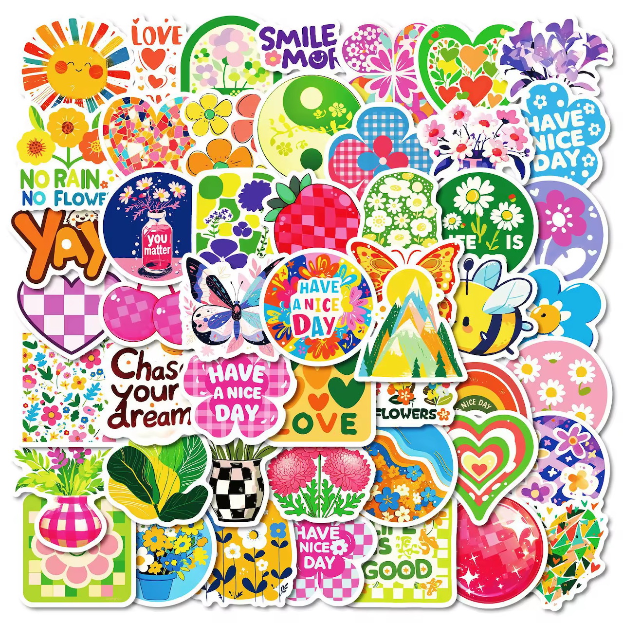 Colorful sticker collage with flowers, hearts, butterflies, fruit, and cheerful words
