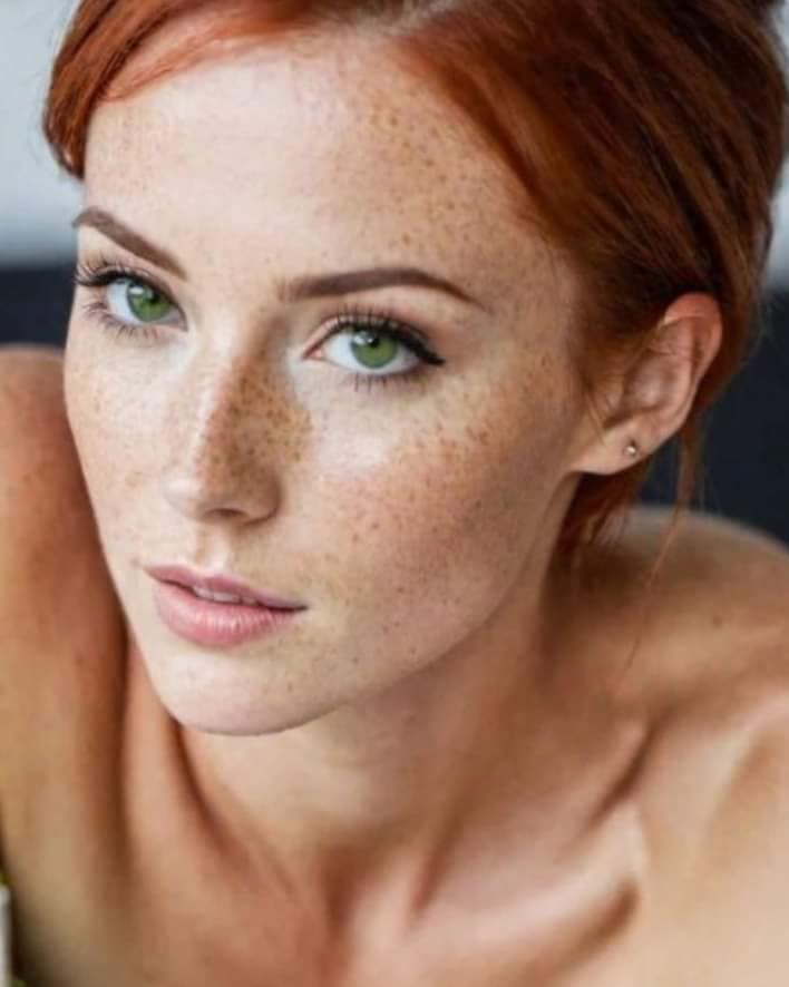 Close-up portrait of a red-haired woman with green eyes and freckles