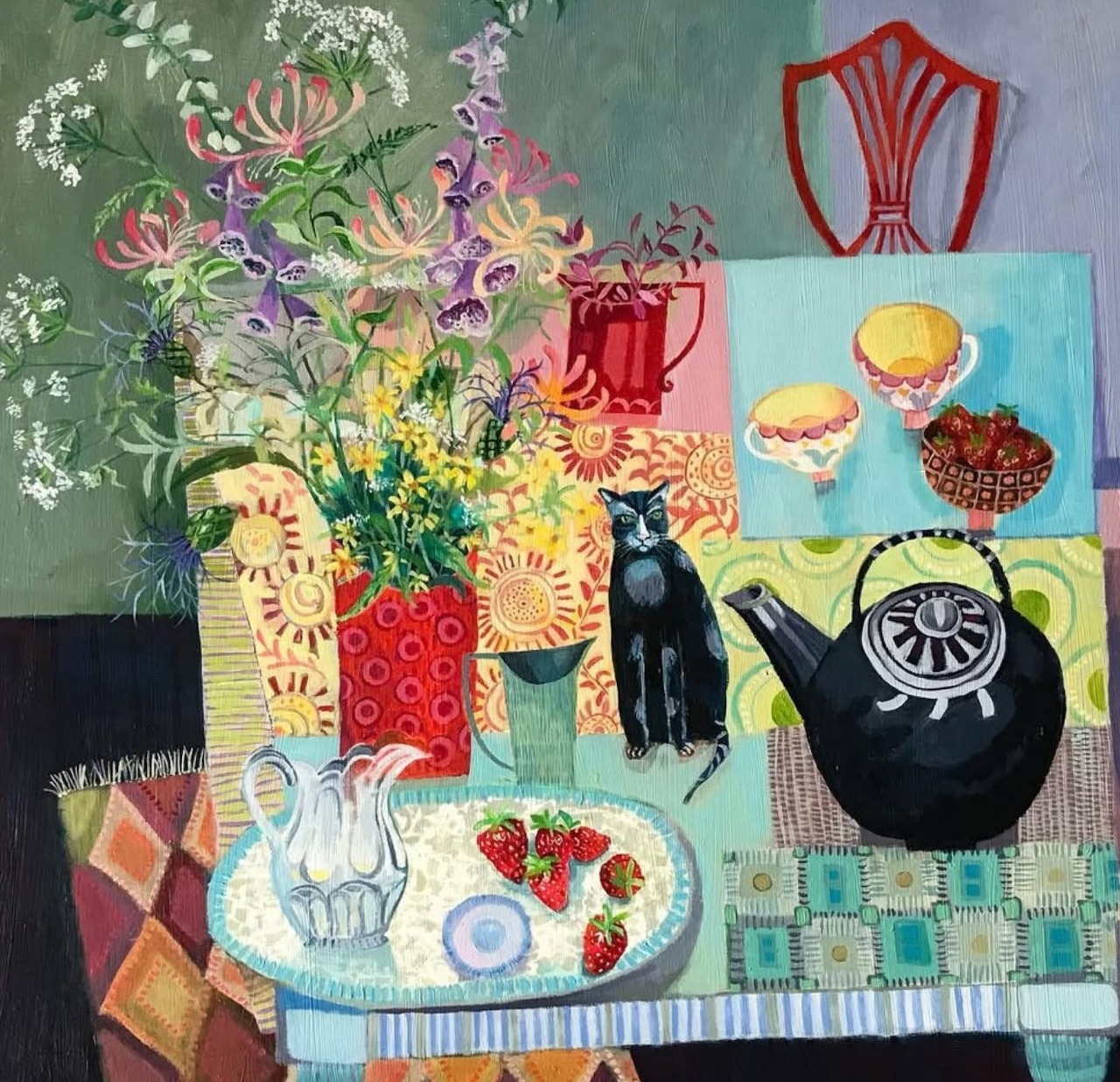 Painted still life with flowers in vases, black cat figurine, decorative plates and fruits on patterned table