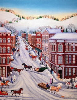 Folk art painting of a snowy vintage main street with horses, sleighs, and red brick buildings