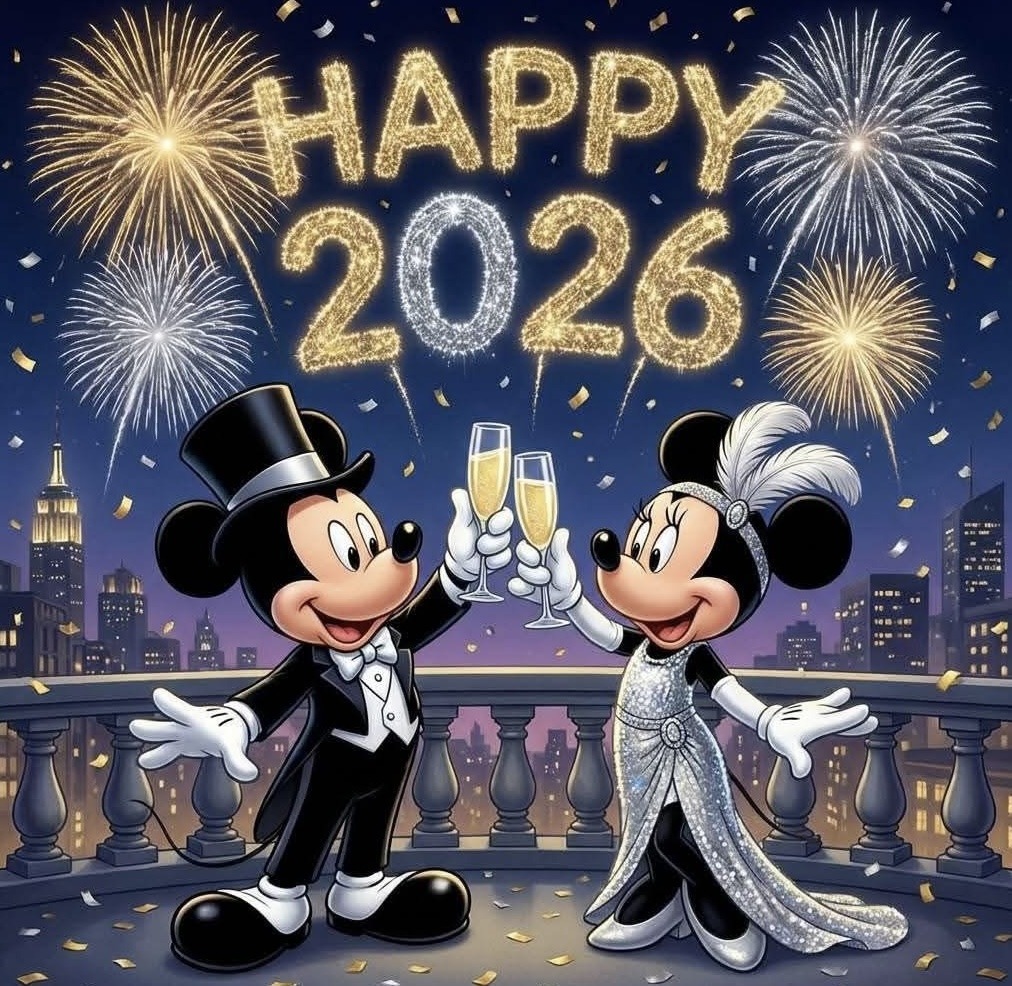 Mickey and Minnie Mouse in formal wear celebrating New Year 2026 with fireworks and city skyline