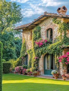 Stone cottage with ivy-covered walls, pink flowers, and a lush green garden lawn