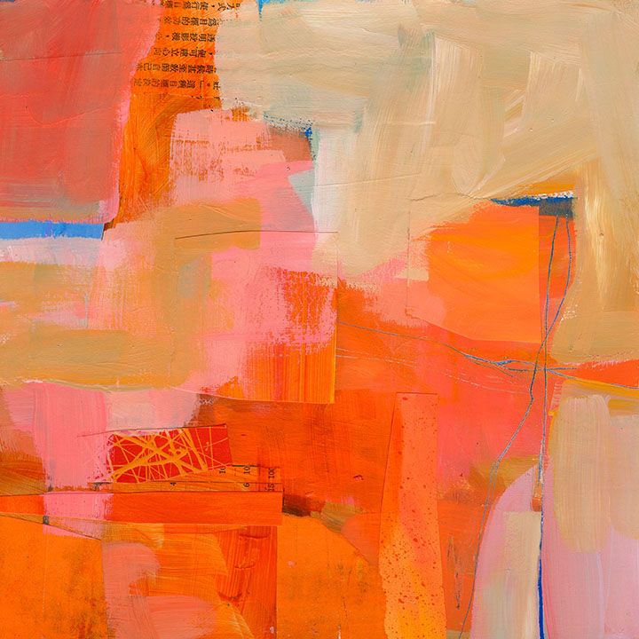 Abstract painting with layered orange, pink, beige, and blue shapes and brushstrokes