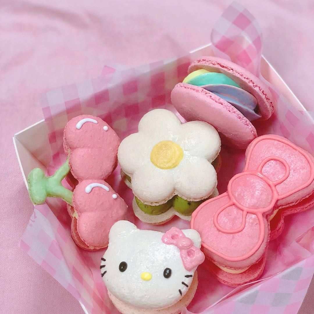 Box of pink Hello Kitty macarons and flower cookies on a pink background