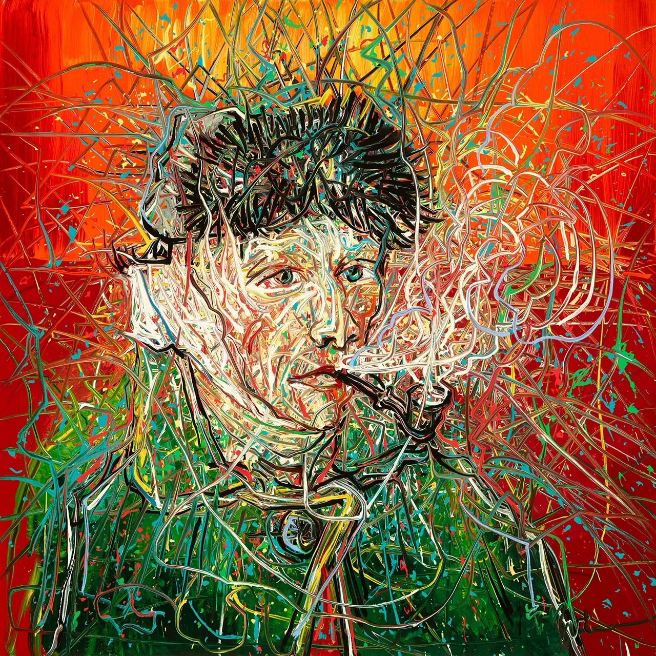 Abstract portrait with chaotic colorful lines and brushstrokes over a contemplative face on vibrant orange and green background