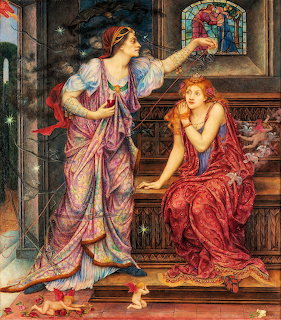 Pre-Raphaelite painting of two women in flowing robes in an ornate medieval interior with arched window