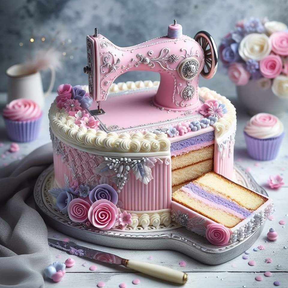 Pink cake shaped like vintage sewing machine with flowers and pearls, cupcakes nearby