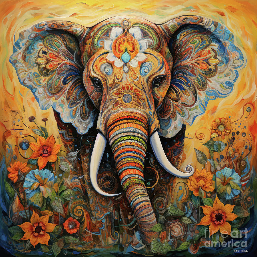 Decorative elephant with ornate patterns, tusks, and colorful flowers in bohemian art style