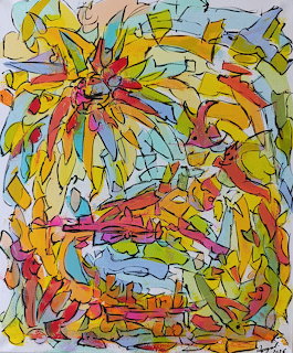 Abstract colorful painting of tropical flowers with bold lines and vibrant yellows, reds, and greens