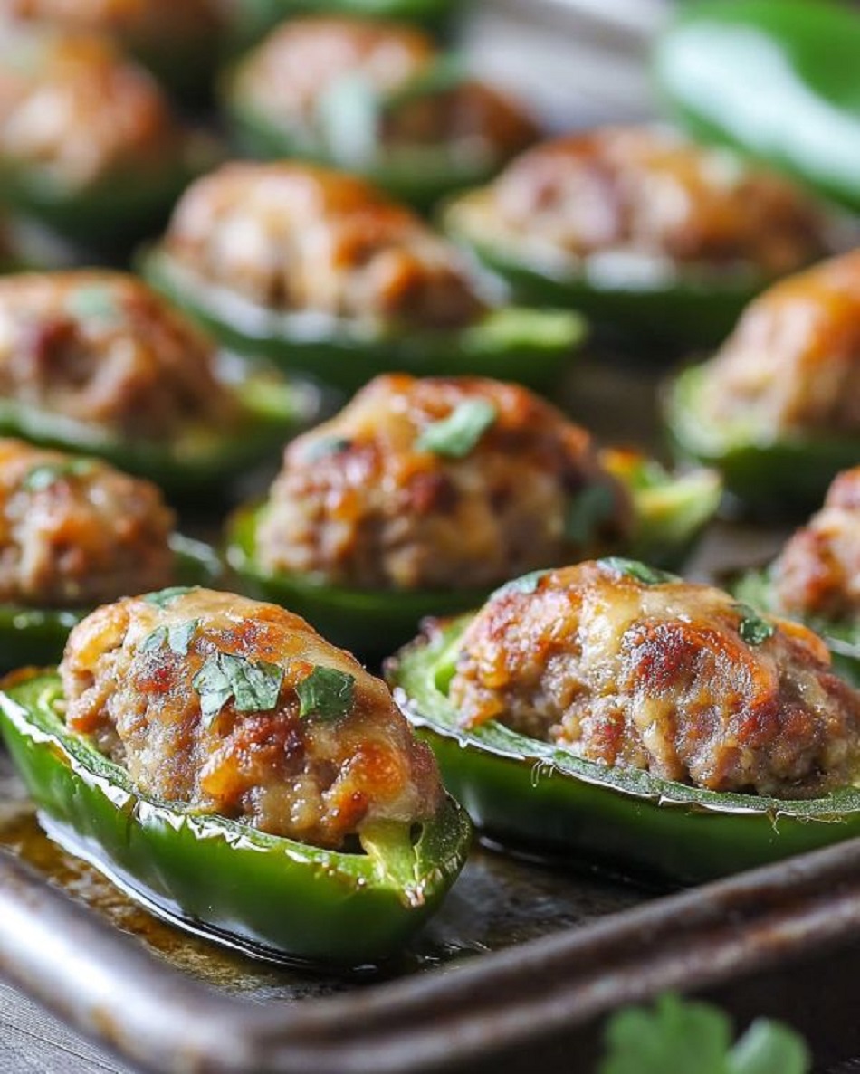 Sausage-stuffed jalapeño pepper halves with melted cheese and cilantro garnish on a baking tray