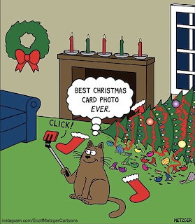 Cartoon cat holding selfie stick in festive living room with Christmas tree, fireplace, wreath, and presents