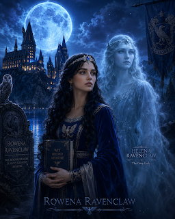 Fantasy scene of Rowena Ravenclaw with a book, moonlit castle, ghostly figure, owl, and gravestones