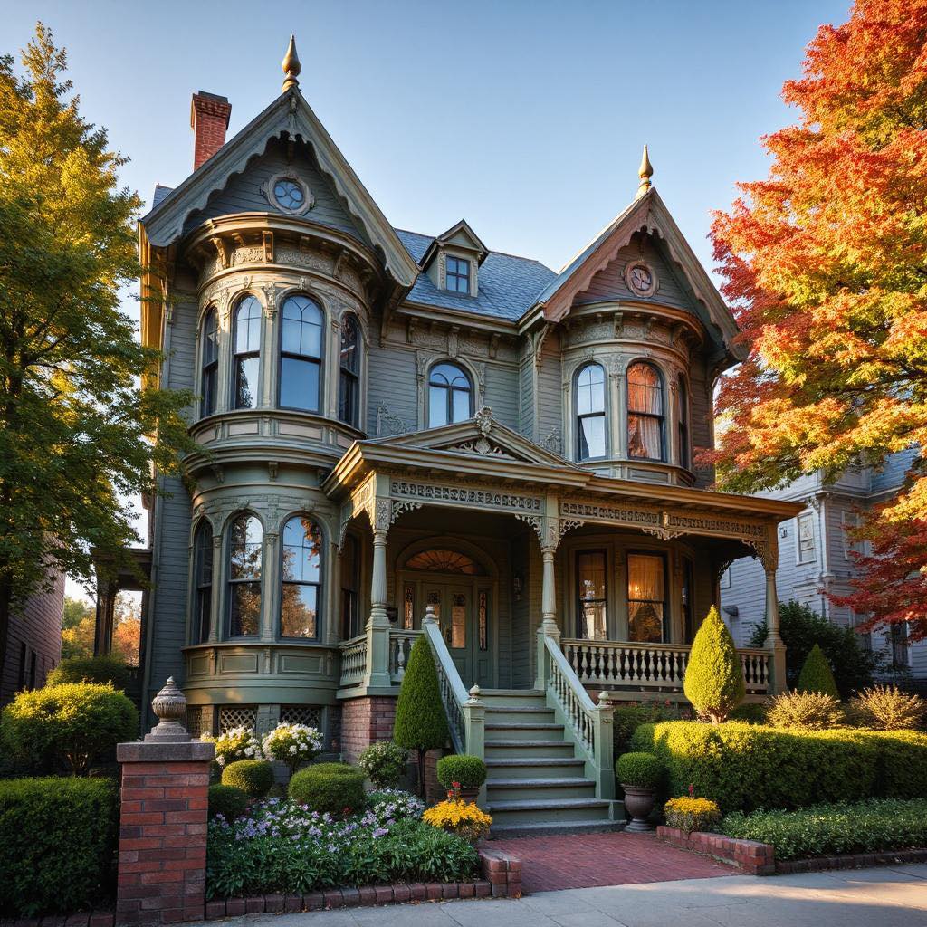 Three-story Victorian mansion with turret and porch framed by autumn trees with orange and yellow leaves