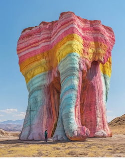 Giant elephant-shaped rock formation with colorful pink, yellow, and teal stripes in a desert landscape