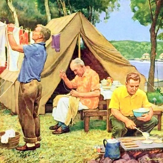 Vintage illustration of grandfather, father, and boy camping by lakeside tent in 1950s Americana style